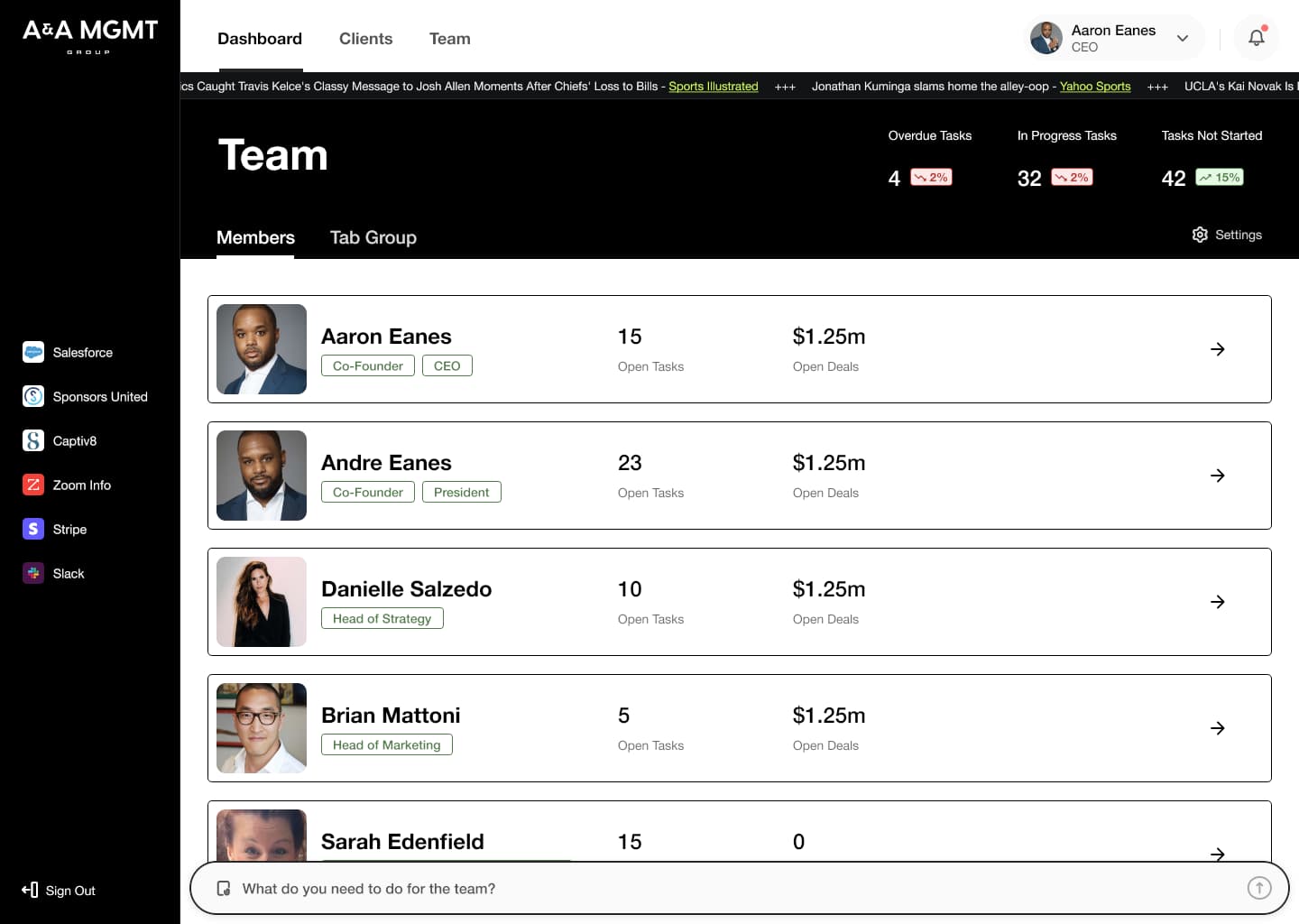 Elenco del team interno di A&A Management Group