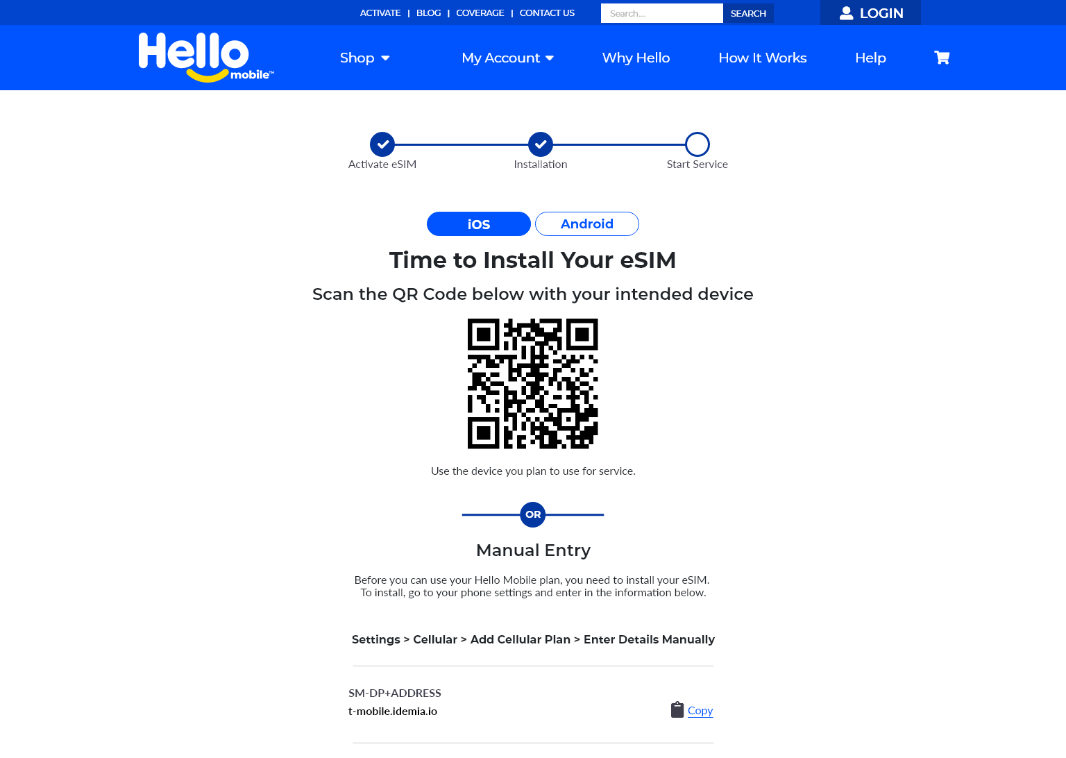 Hello Mobile-এর eSIM ইনস্টলেশন পাতা