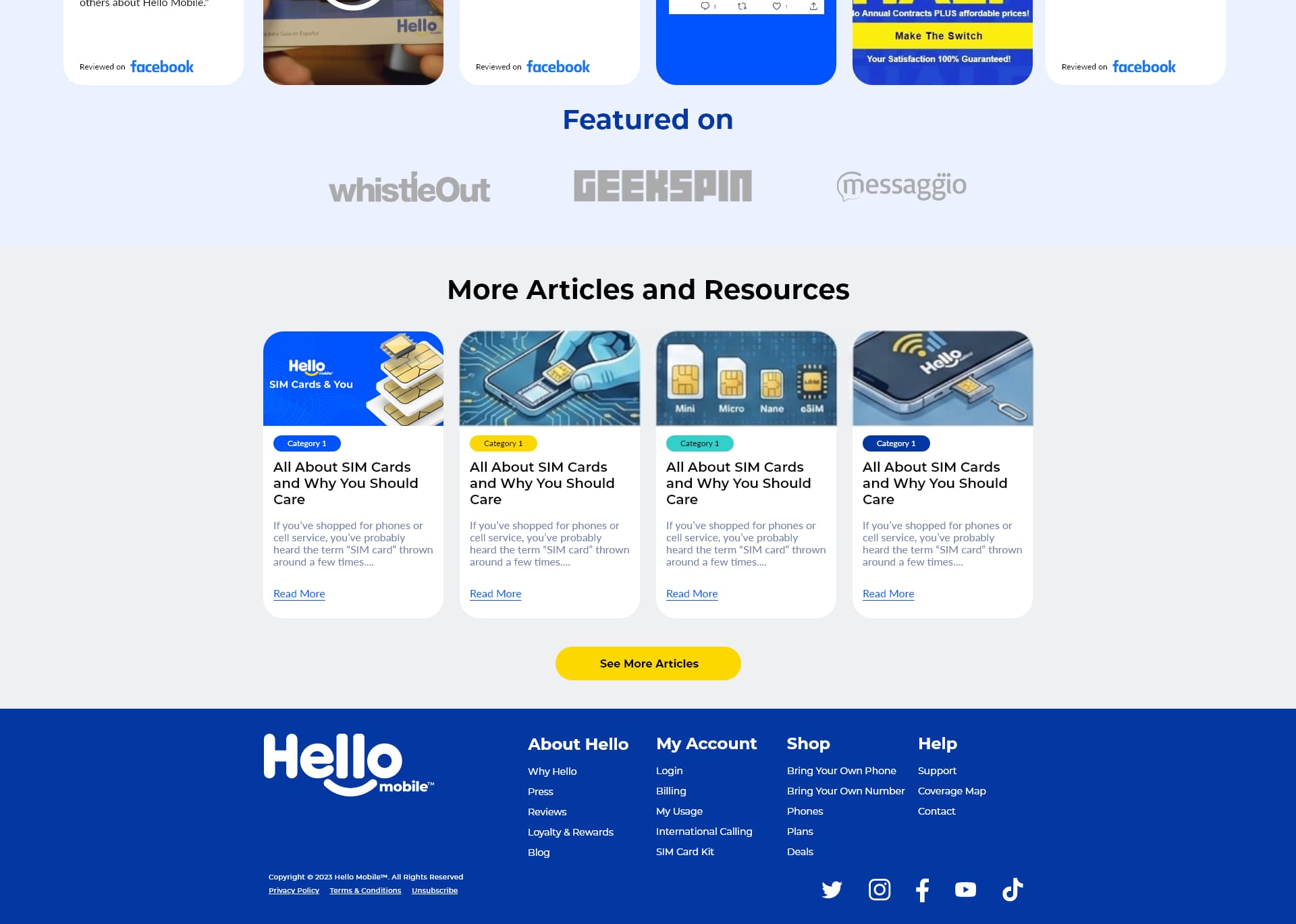 Hello Mobile-এর হোম পেজের ফুটার