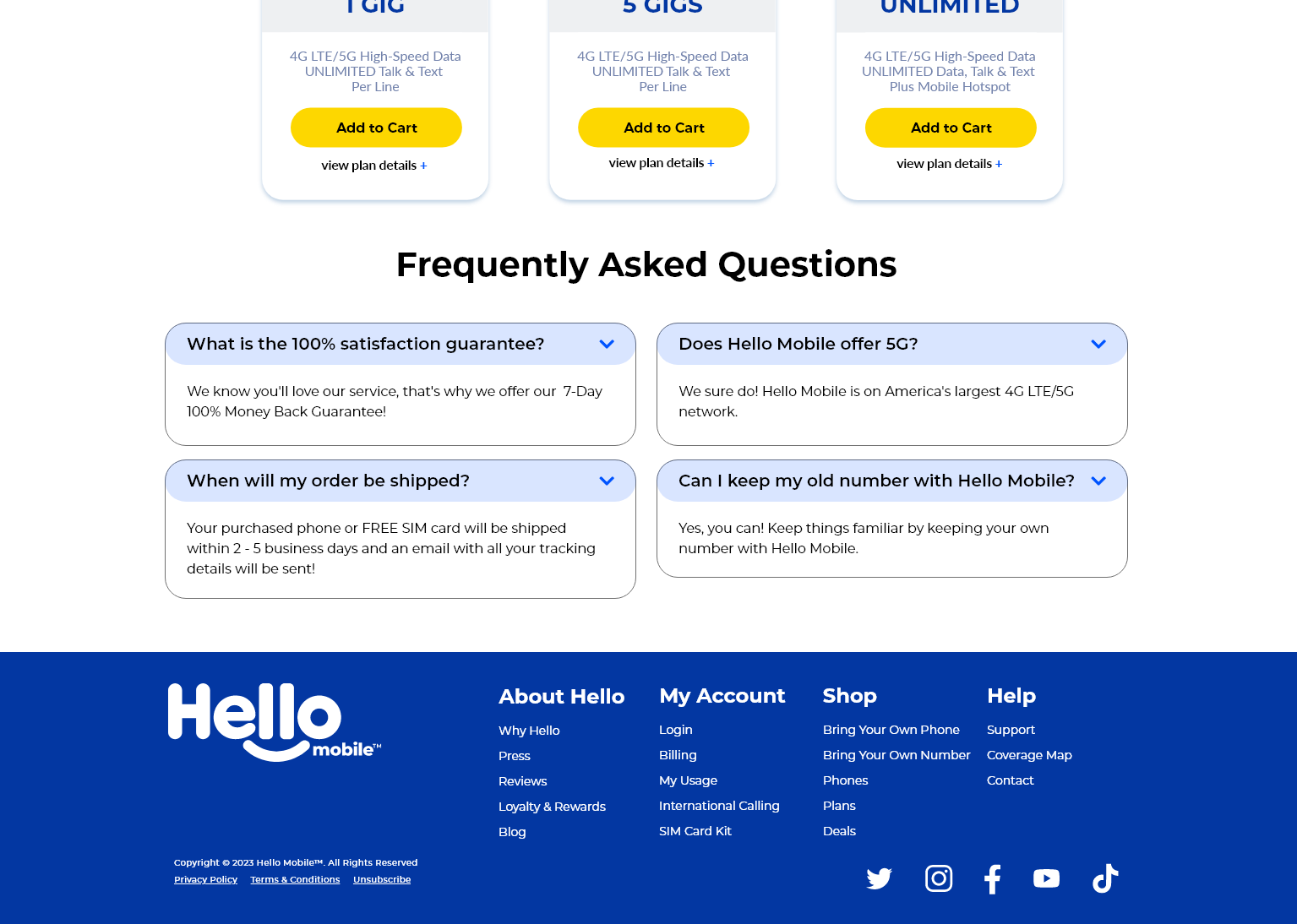 Hello Mobile হোম পেজের সাধারণ জিজ্ঞাসা অংশ