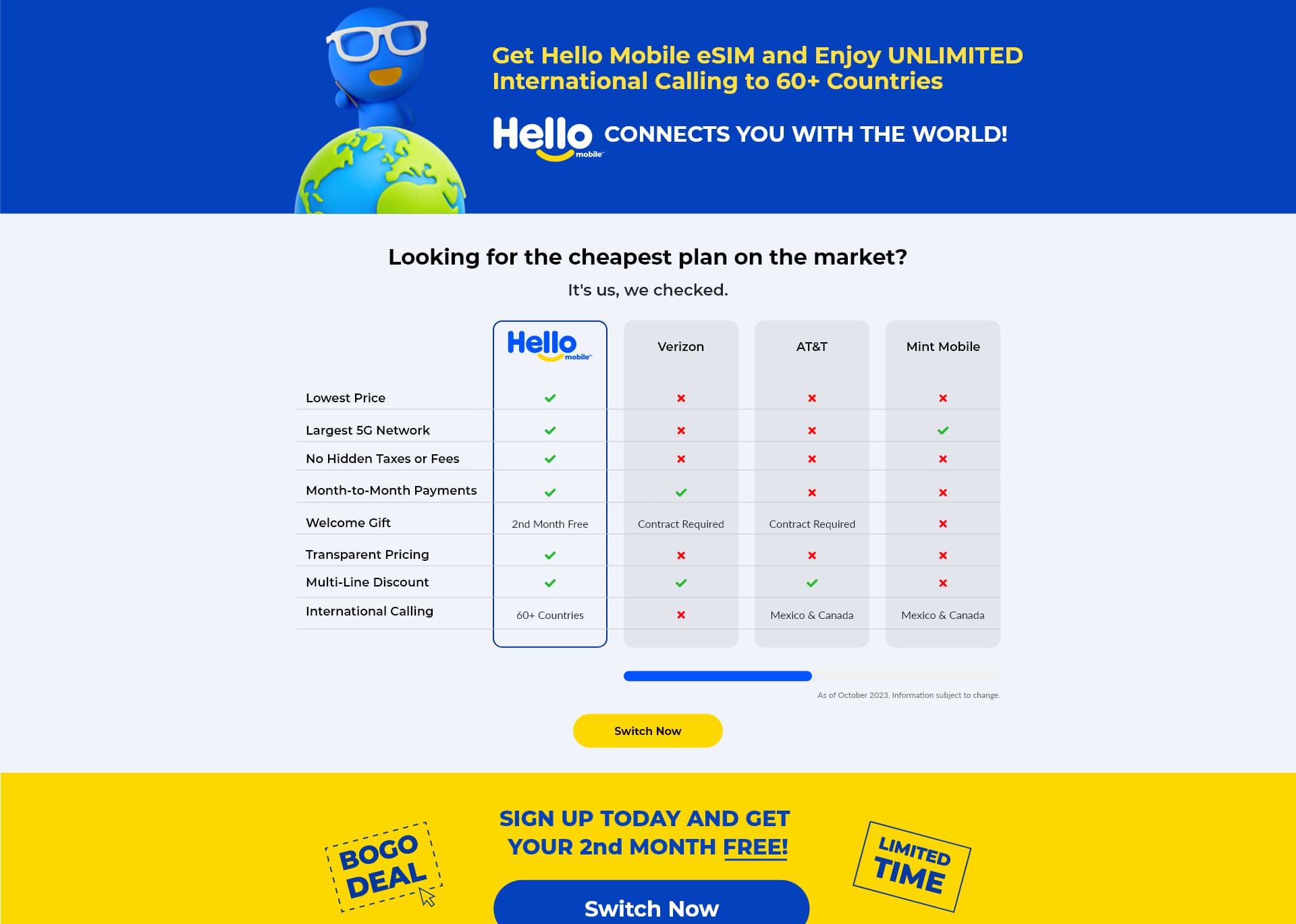 Tabella comparativa dei piani in una landing page di campagna di Hello Mobile