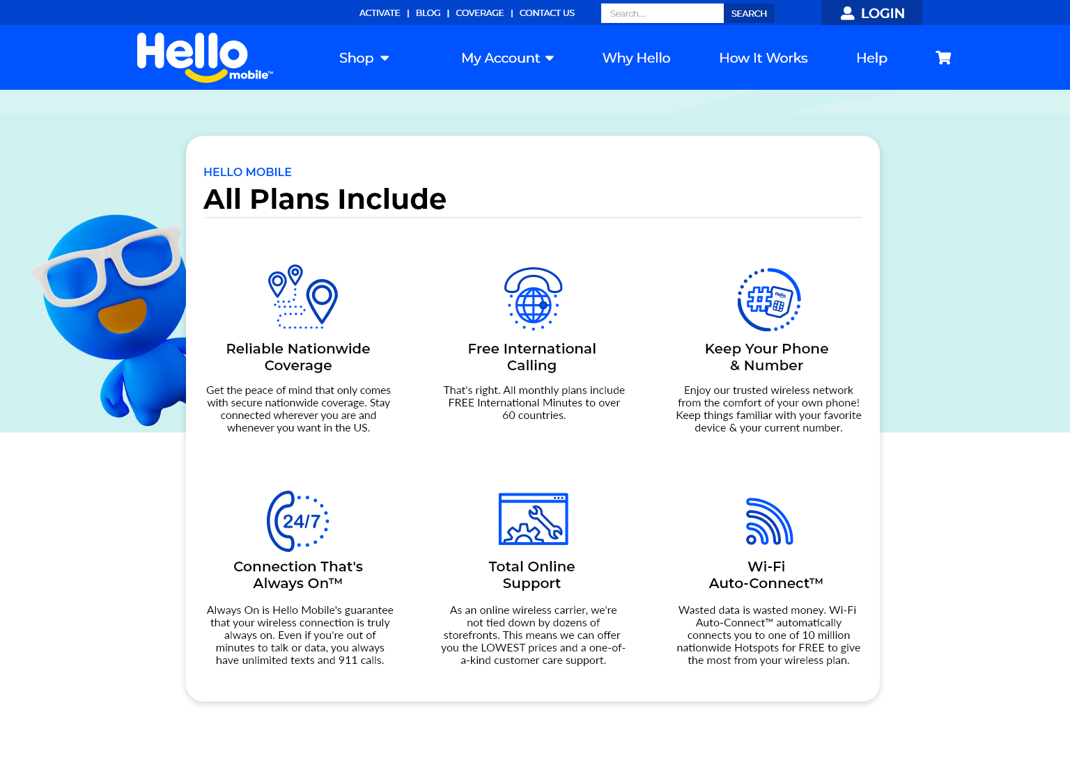 Sezione caratteristiche della pagina del piano di Hello Mobile