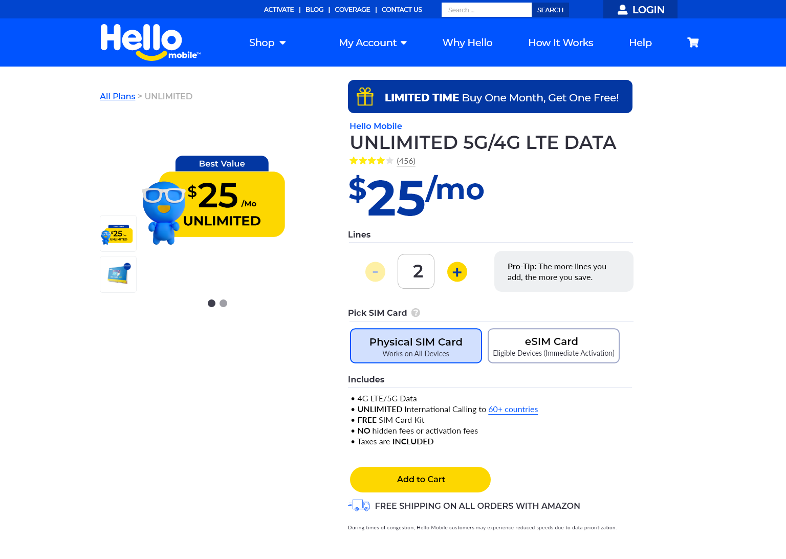 Pagina del piano di Hello Mobile con le opzioni disponibili