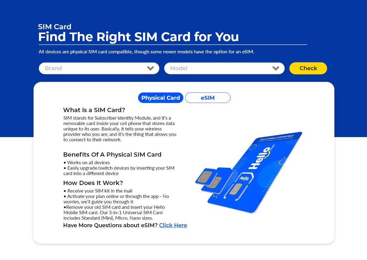 Hello Mobile-এর প্ল্যান পাতার SIM কার্ড অনুসন্ধানী