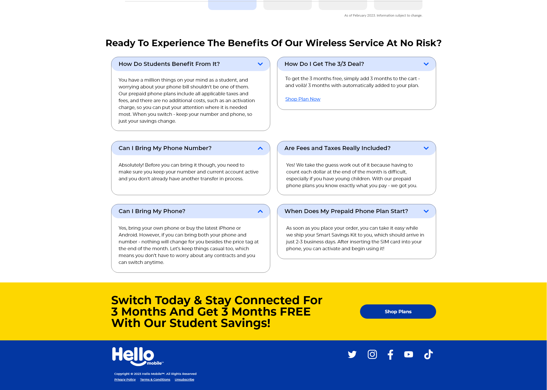 Sezione FAQ della landing page per studenti di Hello Mobile