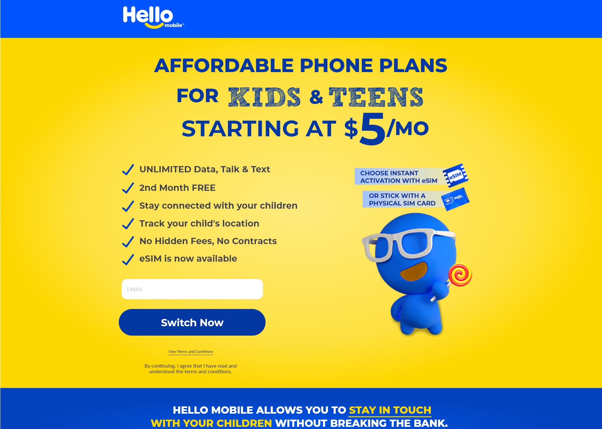 Landing page della campagna per adolescenti di Hello Mobile