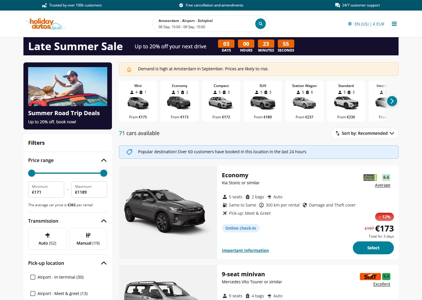 利用可能な車種と絞り込み条件を並べた Holiday Autos の検索結果ページ