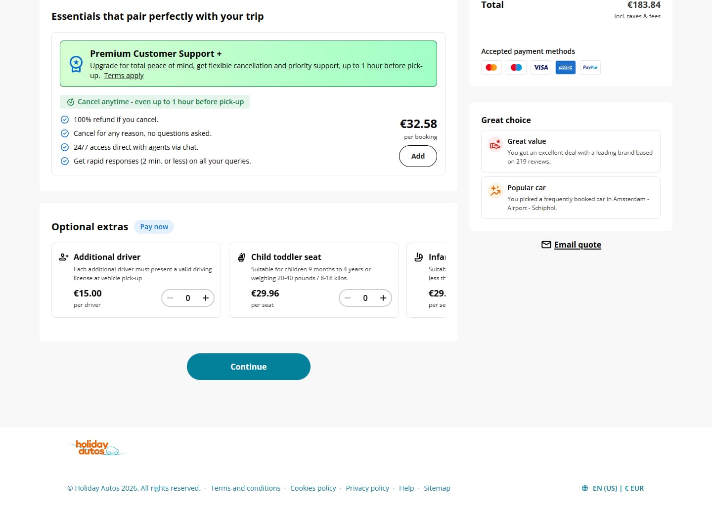 Pagina di pagamento di Holiday Autos con gli extra facoltativi e il totale della prenotazione