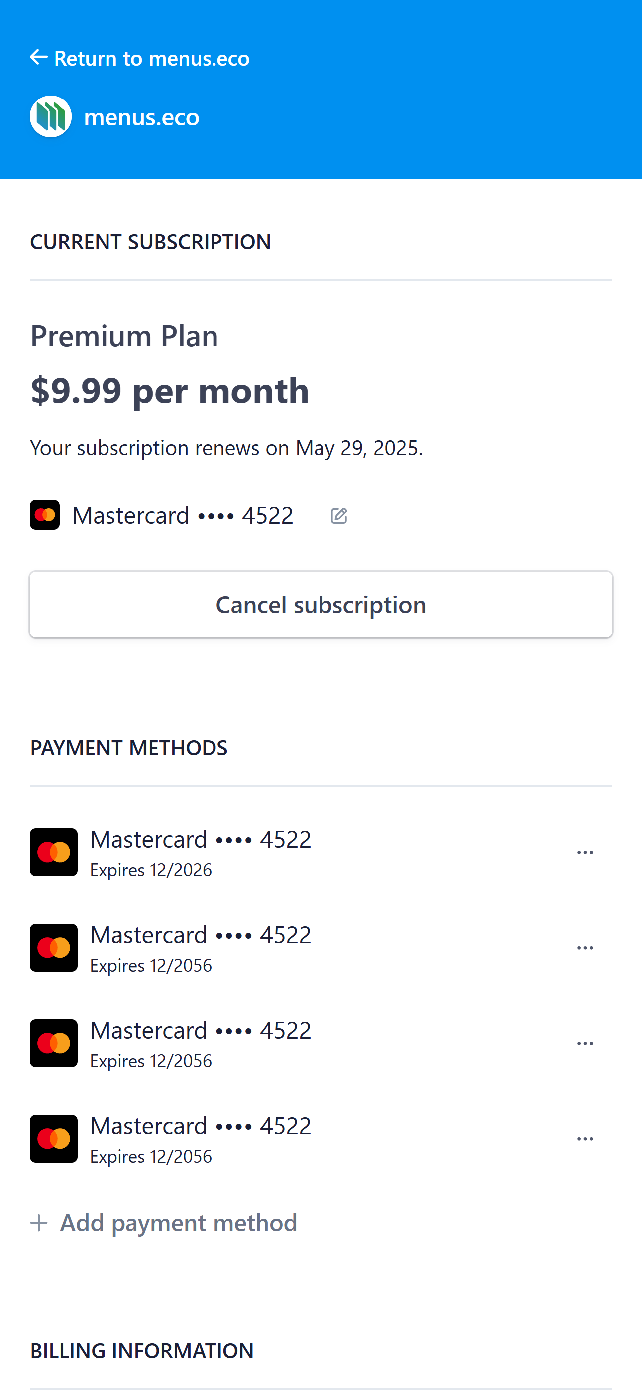 menus eco project screenshot billing stripe