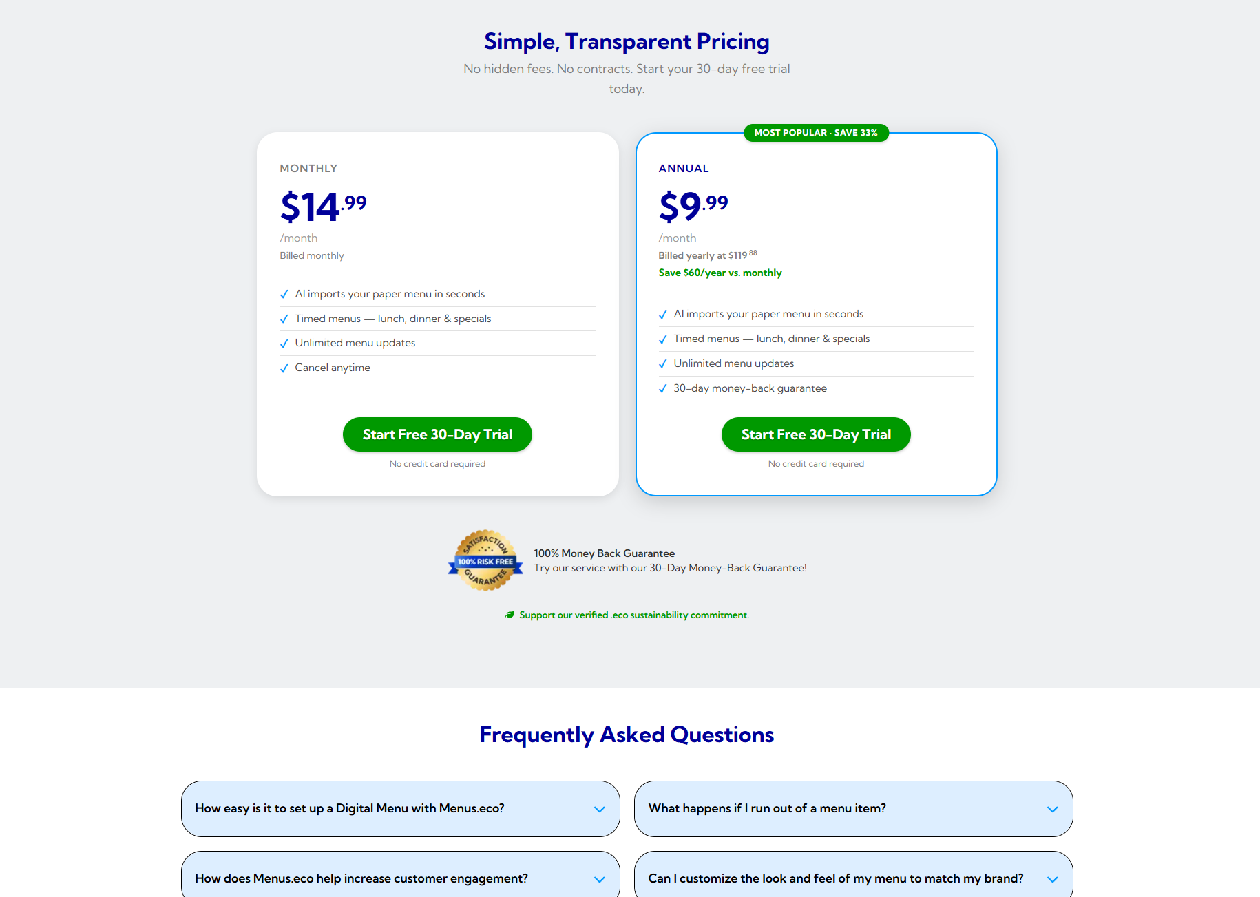 Страница тарифных планов Menus Eco