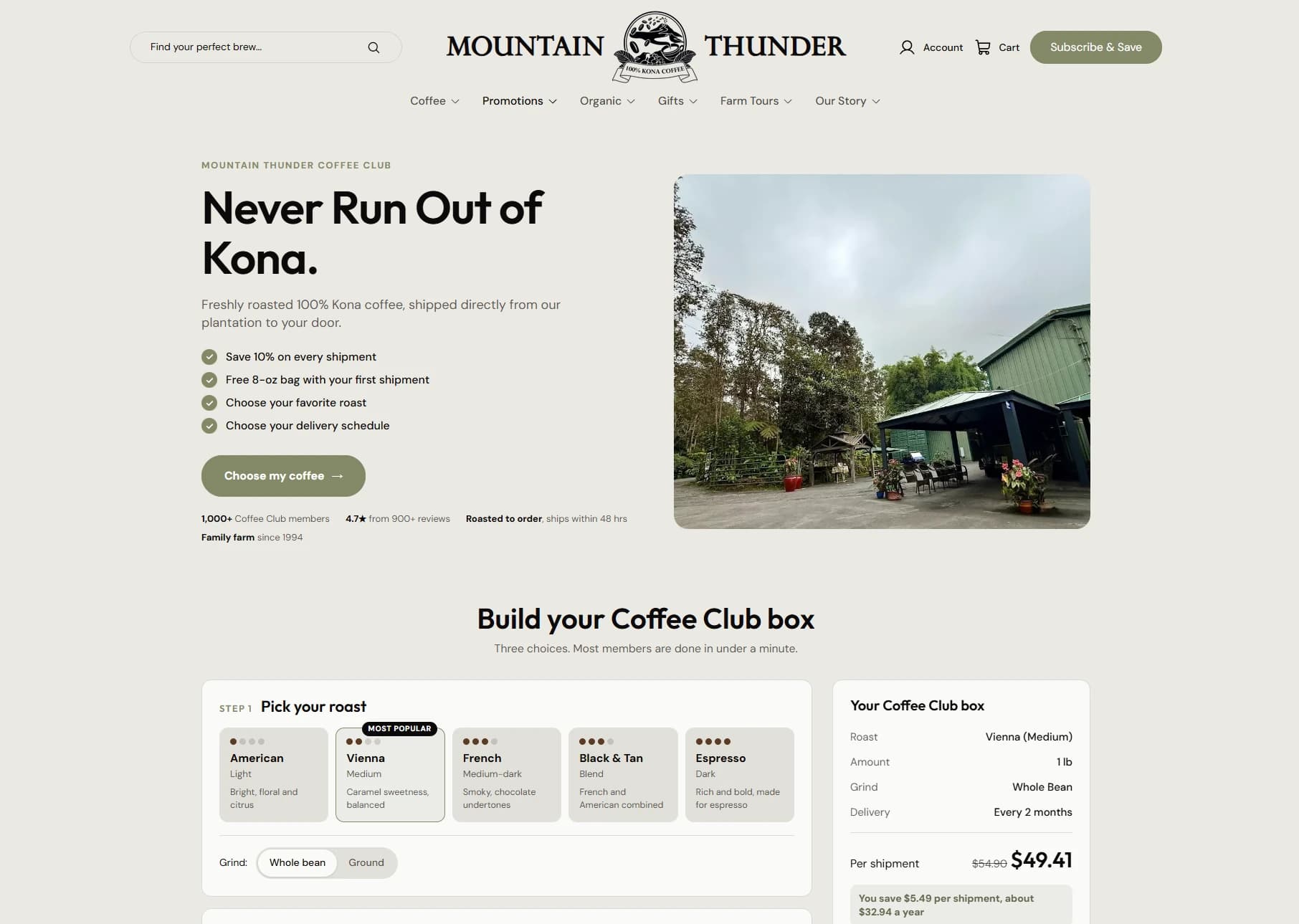 Mountain Thunder Coffee Club page with its single-page subscription builder