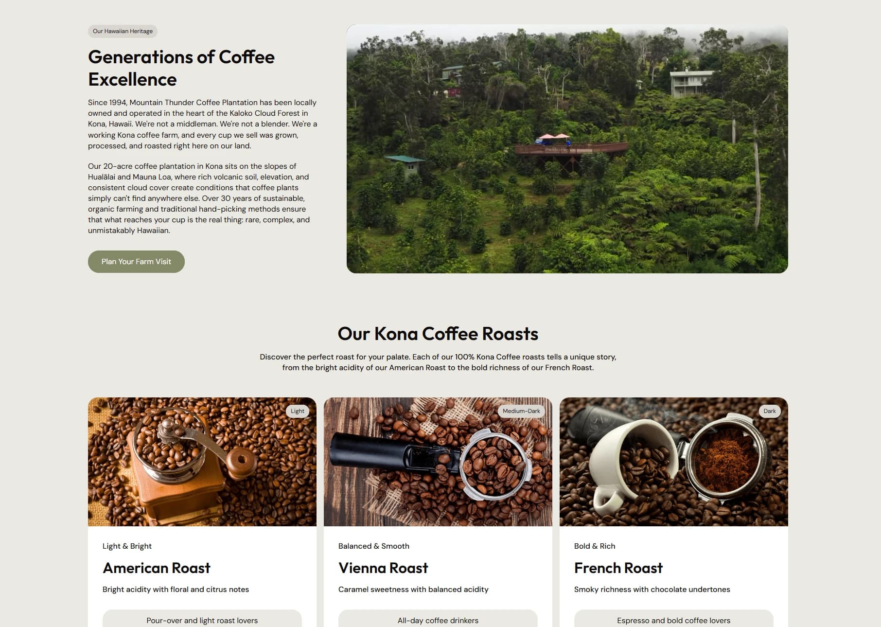 Mountain Thunder Hawaiian heritage section above its three Kona coffee roasts