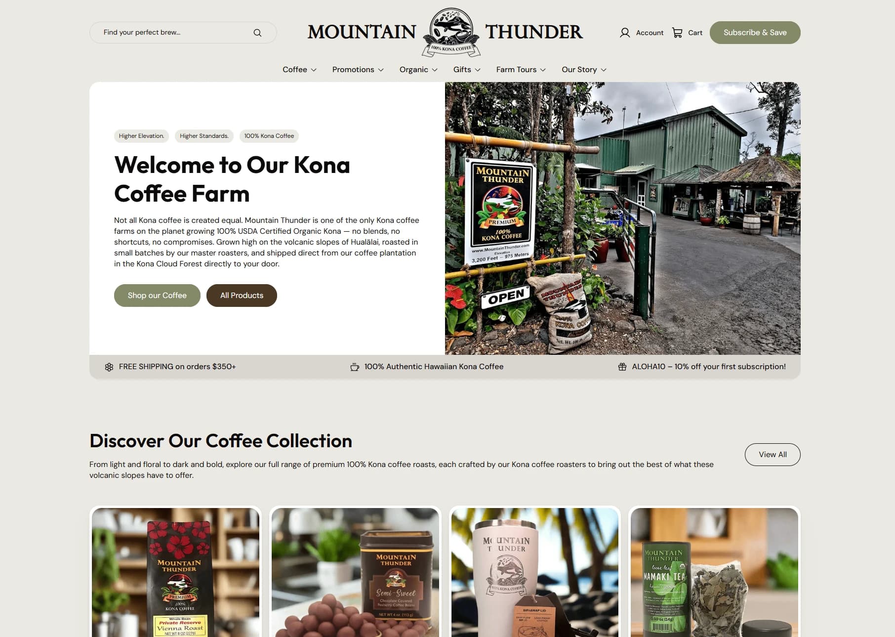 Mountain Thunder home page with its farm welcome and coffee collection