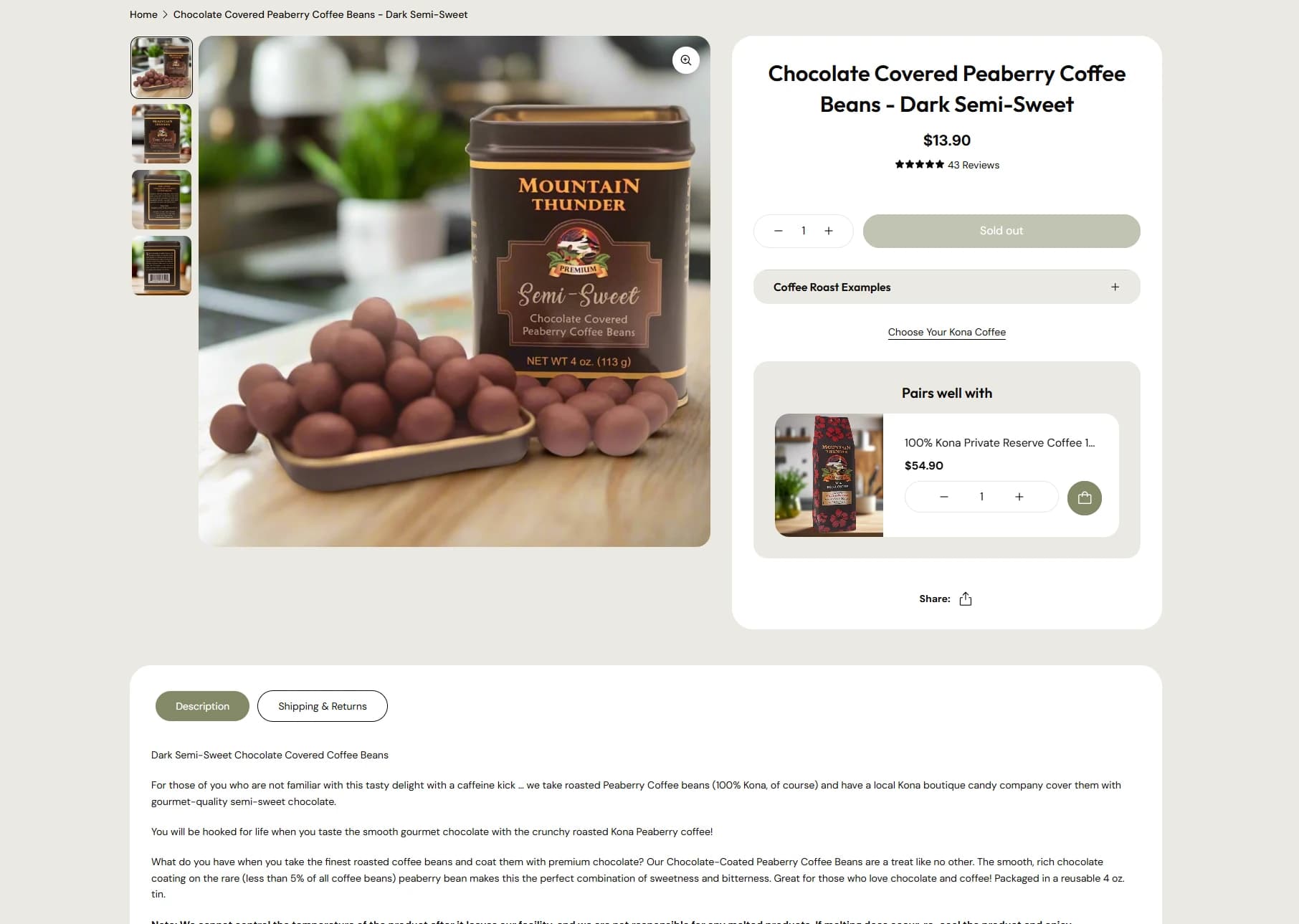 Mountain Thunder product page for chocolate-covered peaberry coffee beans