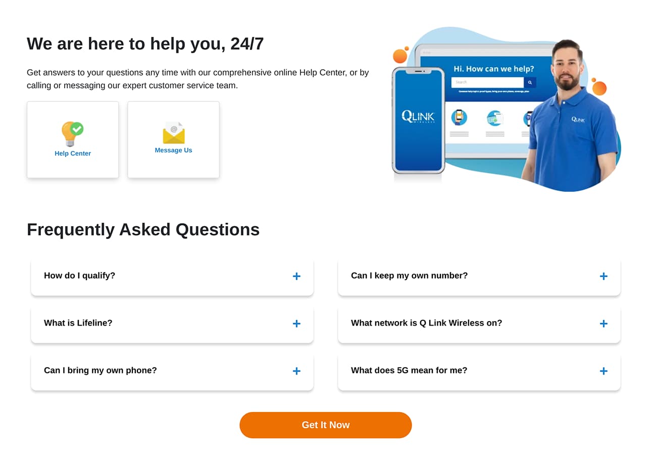 Page du service client de Q Link Wireless