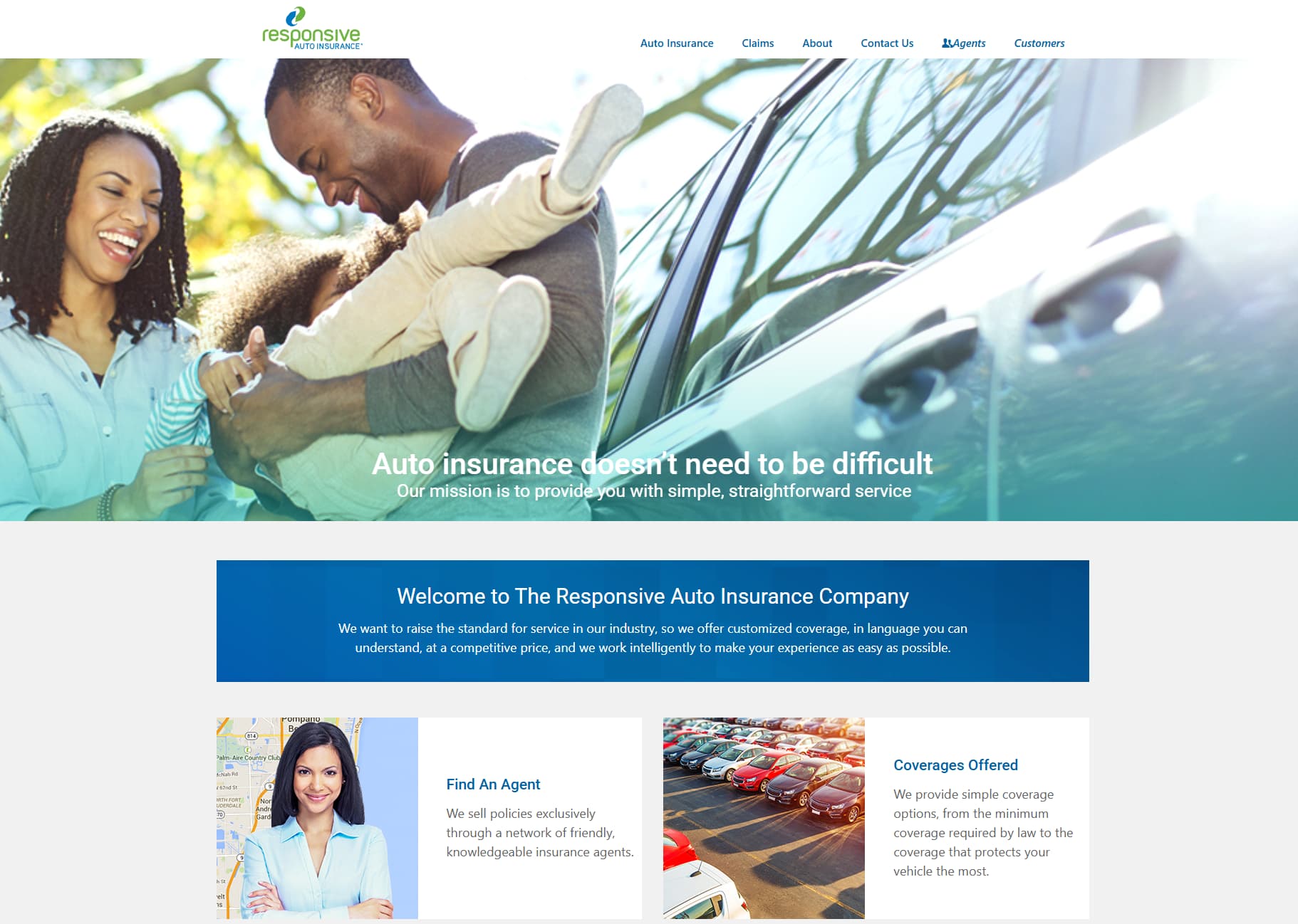 Responsive Auto Insurance home page with its coverage and agent highlights