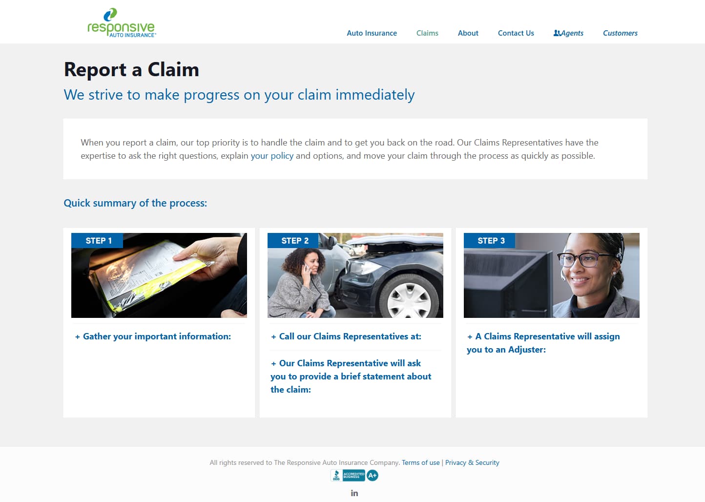 Responsive Auto Insurance report a claim page with its three-step process