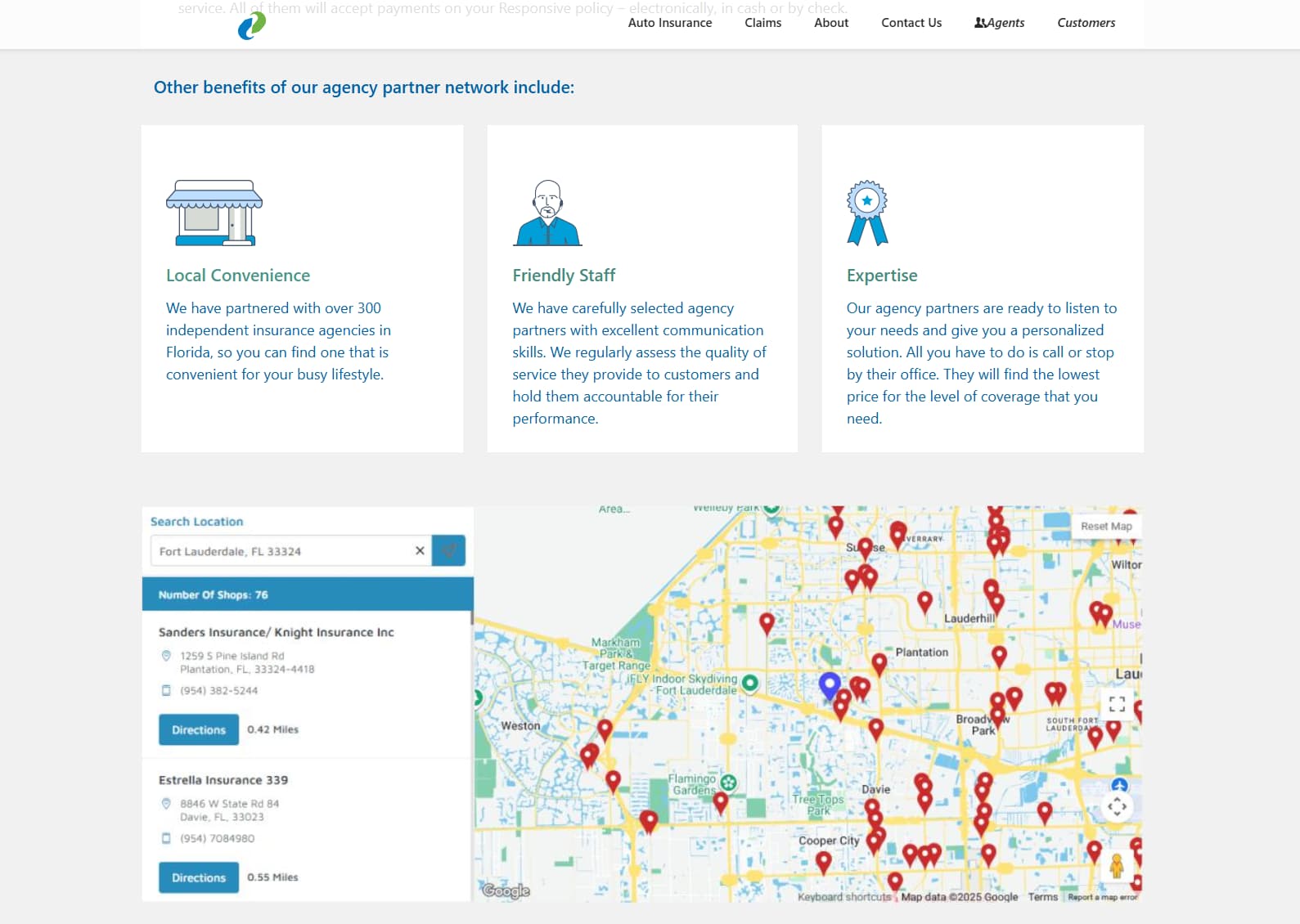Responsive Auto Insurance agent finder with a map of nearby agencies